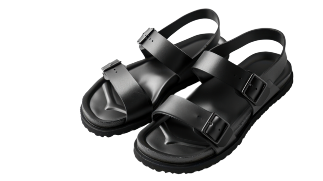 Pair of black leather sandals isolated on transparent background