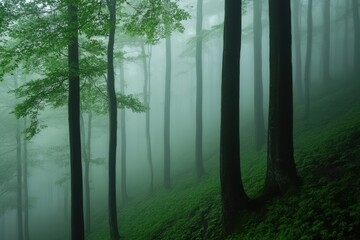 Fototapeta premium Misty Forest Landscape with Tall Trees and Ethereal Atmosphere