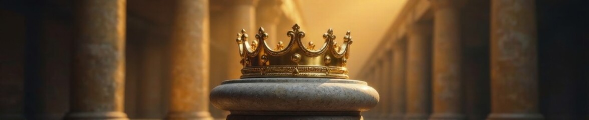 Golden crown perched atop a majestic stone pedestal , golden, stone