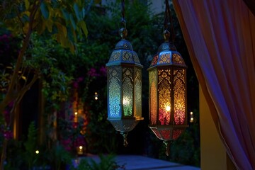 Elegant Lanterns Hanging in a Garden Setting with Colorful Glow