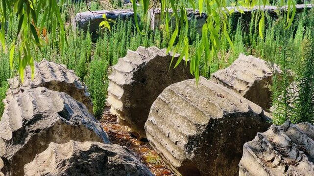 Ruins of the ancient Lycian city of Letoon. An open-air museum. The ancient sanctuary of the goddess Leto. Ancient Lycia. The Lycian state. UNESCO. Mugla, Turkey, 4k.