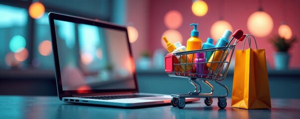 Laptop computer sits on a shopping bag filled with products in an online shopping cart, e-commerce, online shopping cart, shopping cart contents
