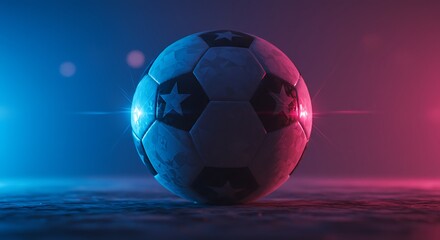 Naklejka premium Stylized soccer ball with star patterns in vivid neon lighting - competition concept - sports-themed advertising.