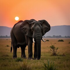 Fototapeta premium Large majestic elephant standing alone in open savannah at dusk, nature, wildlife, silhouette