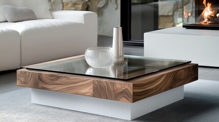 A beautifully designed coffee table with a folding glass top, adding versatility to the space