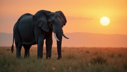 Obraz premium Grey Elephant standing alone in misty savannah at dawn, Elephant, Grasslands