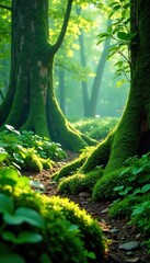Leafy Green Forest Landscape with Moss and Lichen , outdoor, woods, landscape