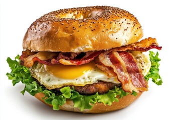 Delicious breakfast bagel with crispy bacon, fresh lettuce, fried egg, and savory meat on a classic poppy seed bagel, perfect for morning cravings