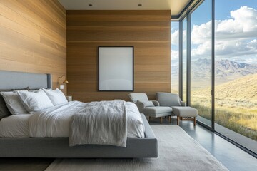 Modern bedroom features large windows with beautiful scenic mountain view