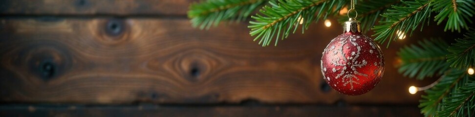 Hanging glass ornament with festive greenery on a wooden wall, winter wonderland, snowy scene