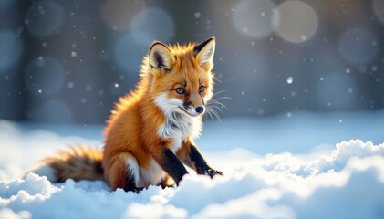 Little fox playing in the snow, animal, fun, winter