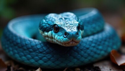 Obraz premium Headshot of blue viper snake with sharp teeth and piercing stare, reptile, viper