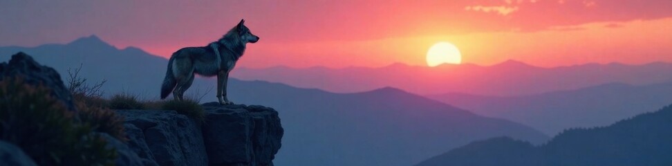 Obraz premium Lone wolf standing on a cliff edge at dusk with wind-swept fur and howling in the background , wolves, forest, nature