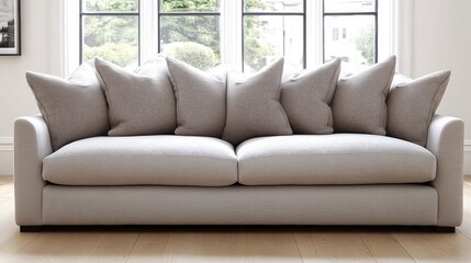 A clean and modern living area with a simple light grey sofa, soft cushion, and minimalist decor
