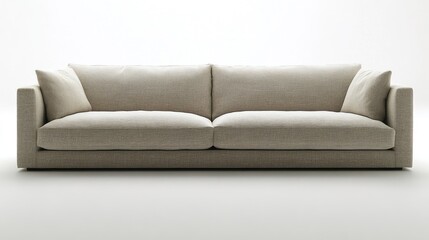 A clean and modern living area with a simple light grey sofa, soft cushion, and minimalist decor