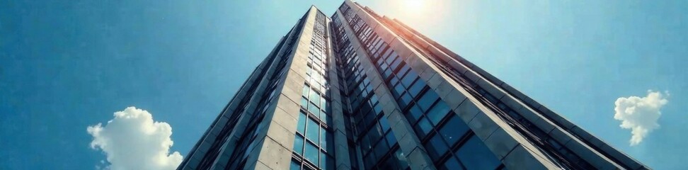 Fototapeta premium High-rise business tower with concrete exterior and steel beams, high rise, tower