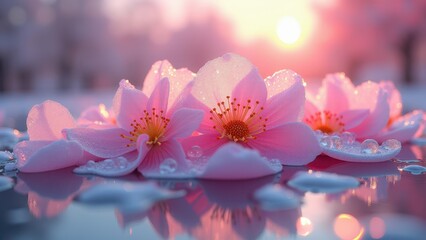 Fresh ice cubes melting on reflective surface with pink lotus flower	
