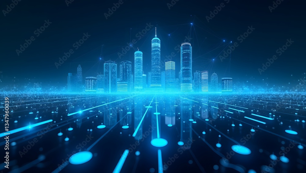 Poster futuristic blue digital lines weave a network pattern, illuminating a technological design concept