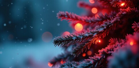 Icy red lights wrap around a frosty Christmas tree branch, festive, red, holiday