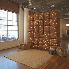 Illuminated burlap backdrop, event, loft, gifts, winter