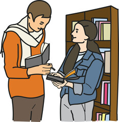 Two people in a library looking at books and interacting with each other vector