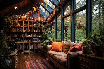 A harmonious composition emerges as cozy interior and rainy exterior blend together through a window, creating a scene that evokes awe