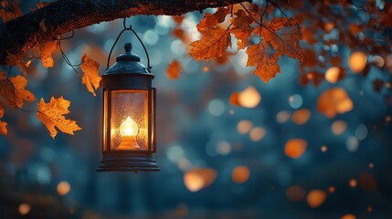 A lit lantern hanging from a tree branch with autumn leaves