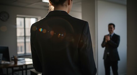 Woman in dark suit, back view - acknowledgment - professional achievement or corporate communication.