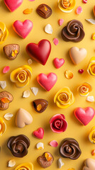 A playful Valentine’s Day layout with pastel-colored hearts and ample copy space, creating a warm and inviting look. Ideal for romantic ads, festive invitations, and digital banners.
