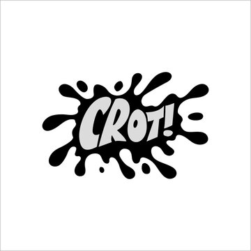 Black water droplets and there is a crot writing on a white background