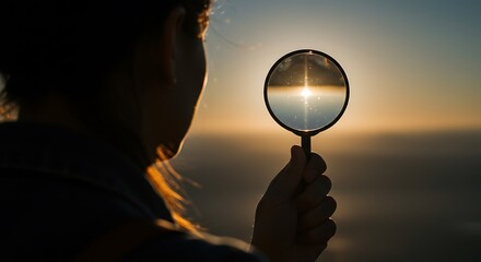 Woman with magnifying glass toward the sun - focusing on future prospects - motivational content