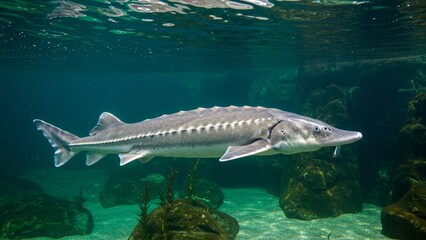 Fototapeta premium A stunning and highly detailed image of a Beluga Sturgeon fish, showcasing its elongated body, smooth grayish skin, and distinctive snout