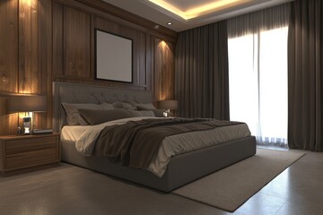 A modern bedroom scene depicts comfort and cozy interior design