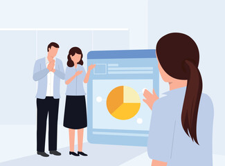 Business partners are discussing the latest system breakthrough. Vector illustration design