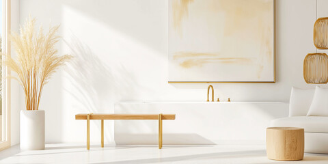 Lavishly Simple Room with Pale Gold Accents and Minimalist Abstract Art on Soft White Walls