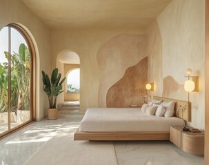 A modern bedroom featuring stylish furnishings and natural light