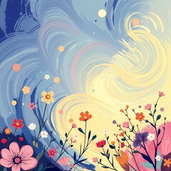 Colorful floral design against a vibrant swirling background of soft hues