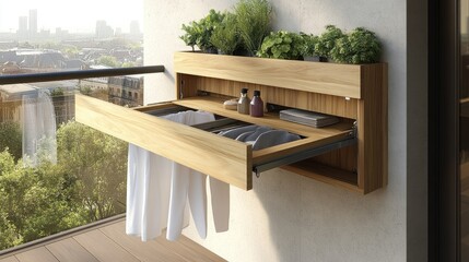 A hidden clothesline mechanism built into a stylish wooden balcony table