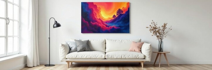 Modern minimalist sofa placed against a neutral white wall with a colorful poster hanging above it, modern interior design, neutral color palette, minimalist decor