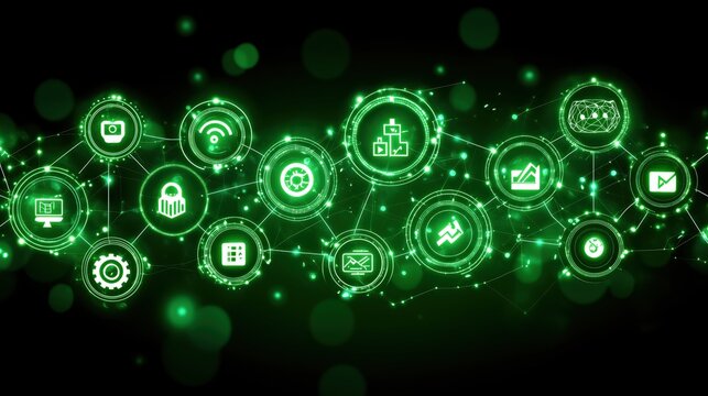 A green image of many different icons and symbols. The image is a representation of the many different aspects of technology and the internet. The green color of the image gives it a futuristic