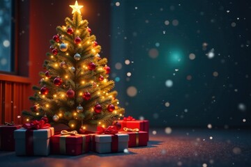 Obraz premium Luxurious Christmas tree adorned with sparkling lights and ornaments amidst a sea of colorful presents , festive atmosphere, twinkling lights