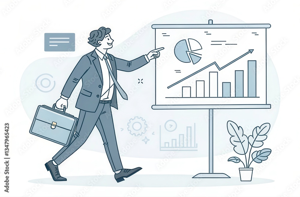 Poster salesperson presents business data with briefcase in hand at corporate setting generative ai