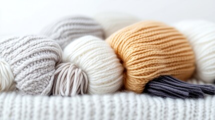 Close-up of assorted yarn balls and knitted fabric.  Soft, neutral colors.  Cozy textures