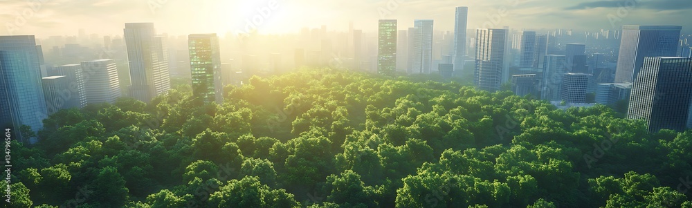 Poster a lush green forest set against a backdrop of modern skyscrapers, illuminated by the soft glow of su