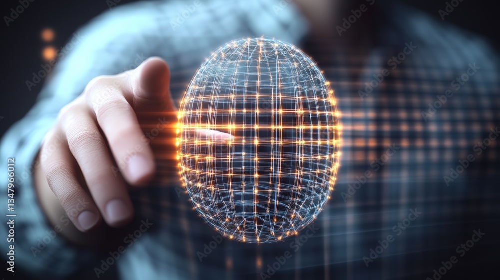 Poster close-up of hand reaching to touch glowing wireframe globe symbolizing global connectivity digital i
