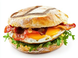 Delicious breakfast sandwich with crispy bacon, sunny-side-up egg, fresh greens, and artisan bread for a mouthwatering start to your day