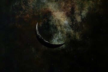Mysterious Crescent Moon Illuminating a Starry Cosmic Background