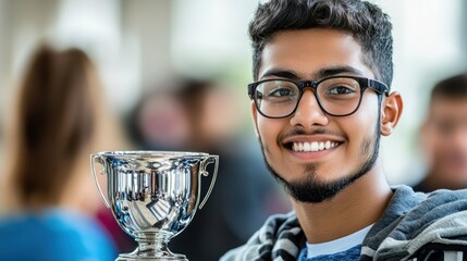 Triumphant Teenager Holding Trophy