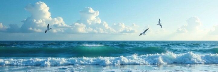 Ocean waves with seagulls flying on the horizon, sky, ocean, wildlife