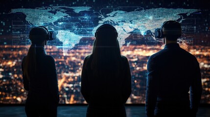 Three Silhouetted Figures in Virtual Reality Headsets Engaging with a Global Digital World Map Against a Stunning Nighttime Cityscape Background